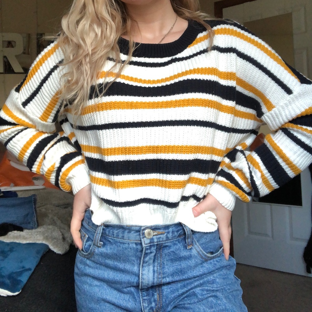 Striped black, yellow, and white sweater!!